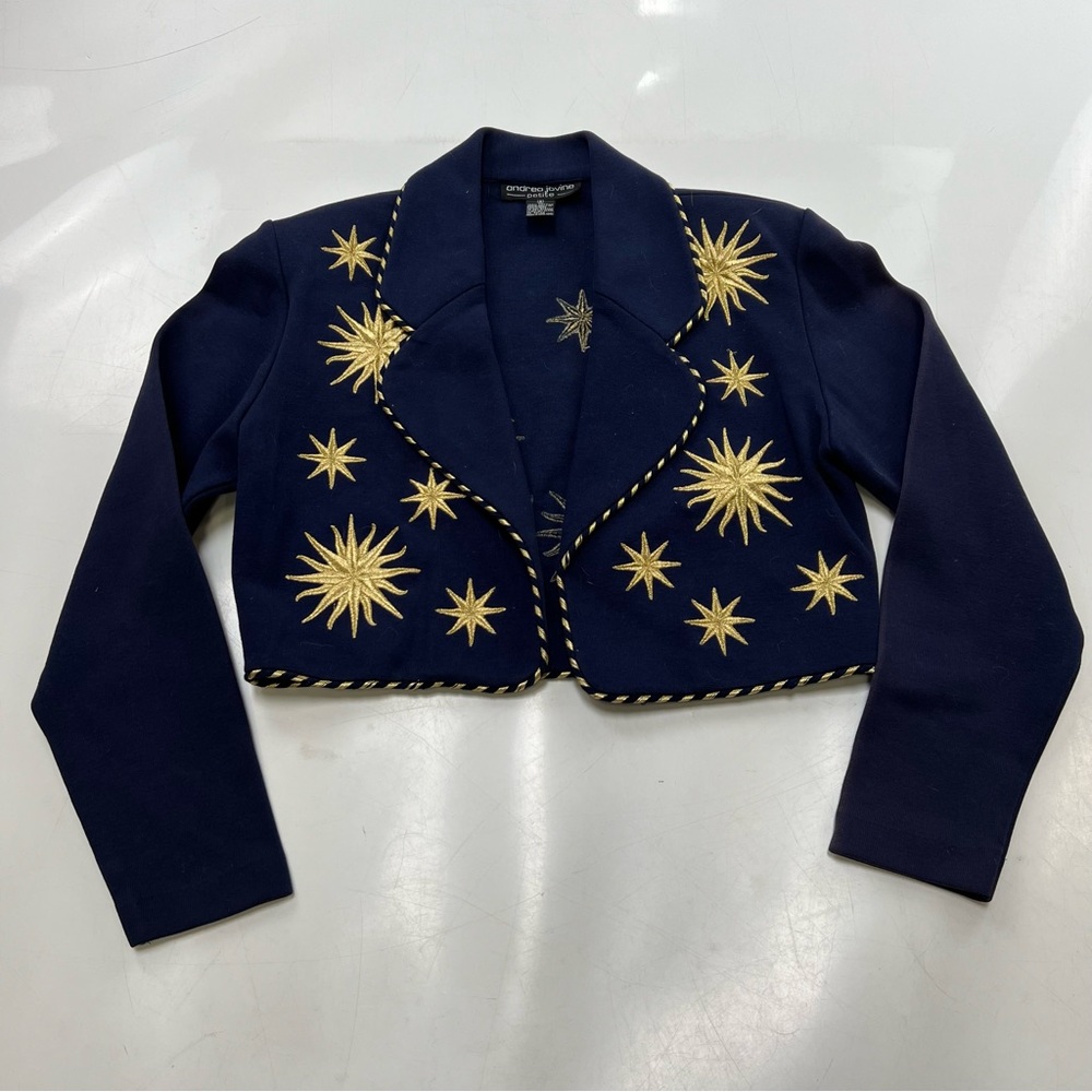 andrea jovine women’s petite vintage blue blazer with golden stars PS L66-23 - Picture 2 of 5